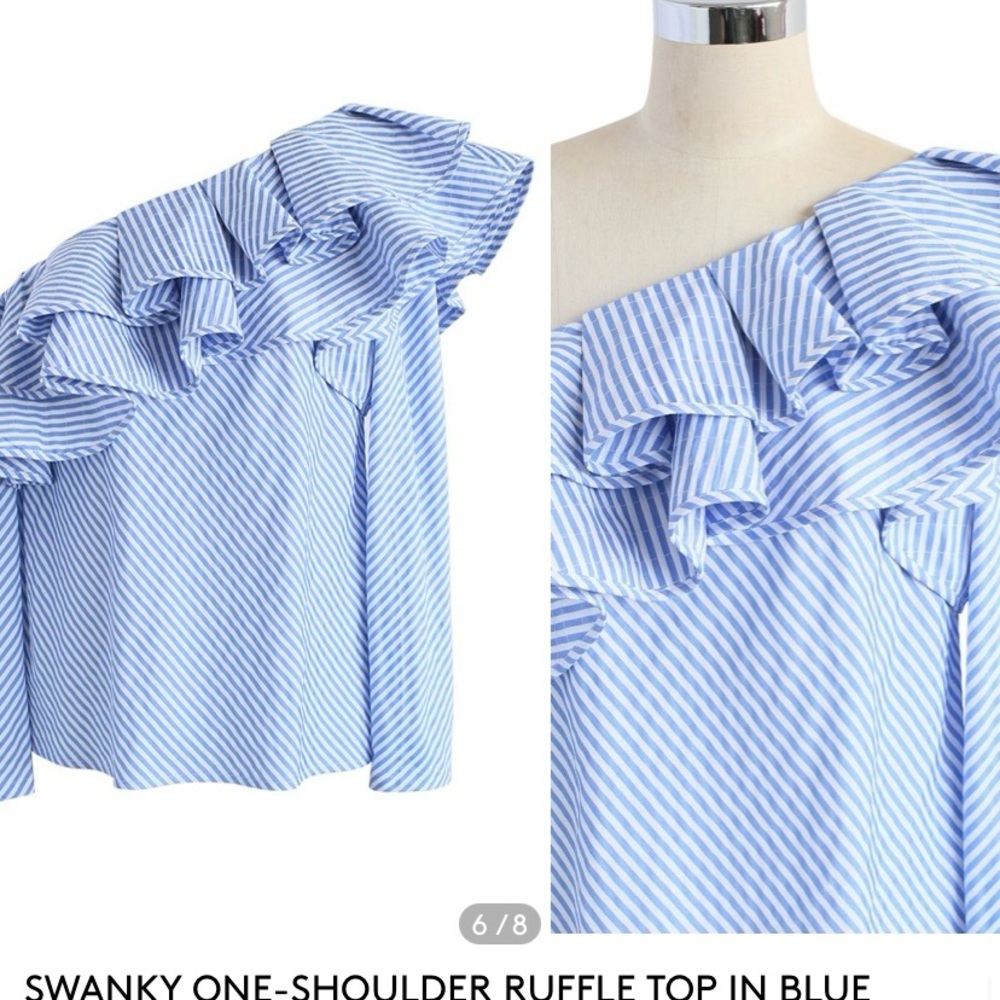 ONE-SHOULDER RUFFLE TOP IN WHITE AND BLUE